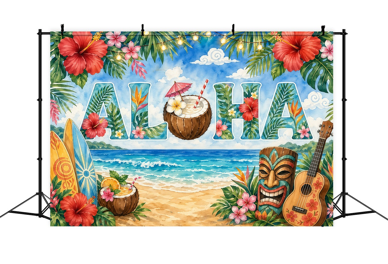 Luau Photo Backdrop Ukulele Tiki Ocean Paradise Watercolor Tropical Floral Backdrop RR64-42