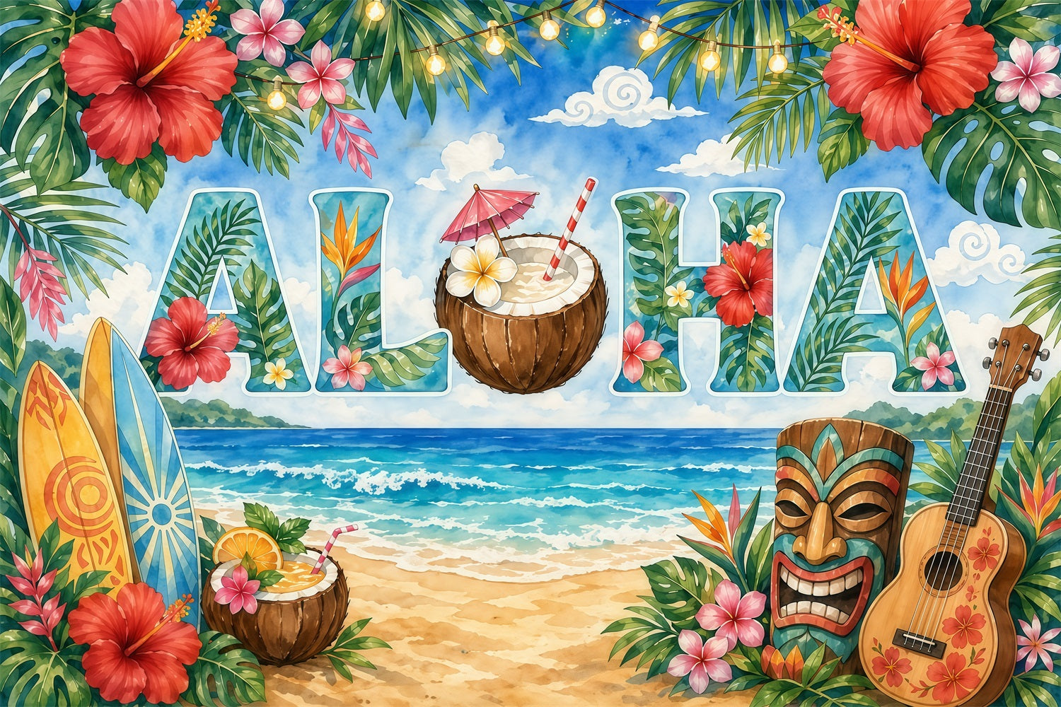 Luau Photo Backdrop Ukulele Tiki Ocean Paradise Watercolor Tropical Floral Backdrop RR64-42