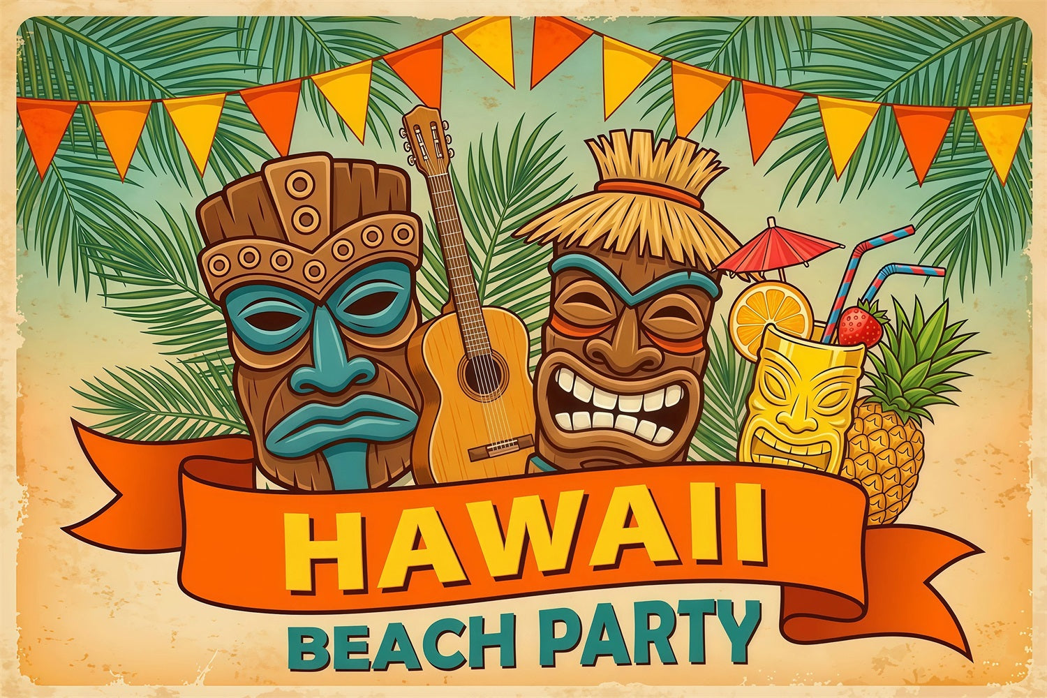 Luau Backdrop Retro Tiki Guitar Pineapple Party Vintage Hawaiian Poster Backdrop RR64-43