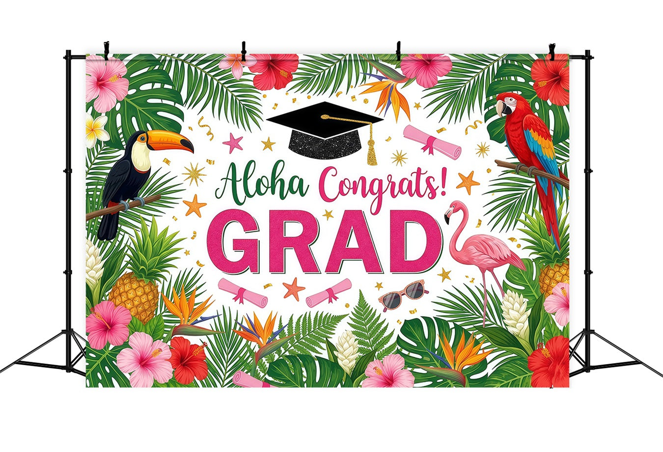 Luau Backdrop Tropical Flamingo Parrot Hibiscus Hawaiian Graduation Party Backdrop RR64-44