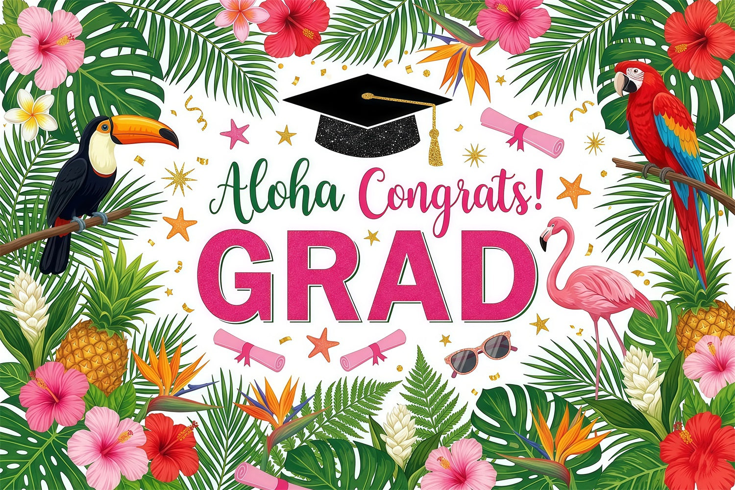 Luau Backdrop Tropical Flamingo Parrot Hibiscus Hawaiian Graduation Party Backdrop RR64-44