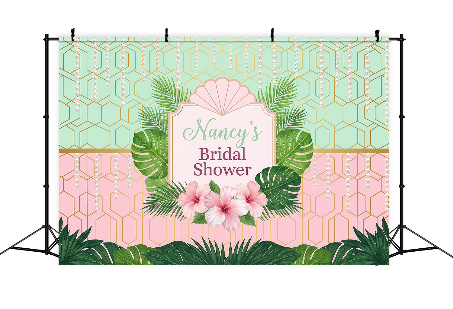 Luau Backdrop Pearl Mint Pink Hibiscus Tropics Tropical Bridal Shower Backdrop RR64-45