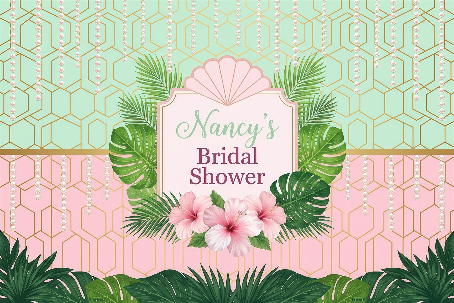 Luau Backdrop Pearl Mint Pink Hibiscus Tropics Tropical Bridal Shower Backdrop RR64-45