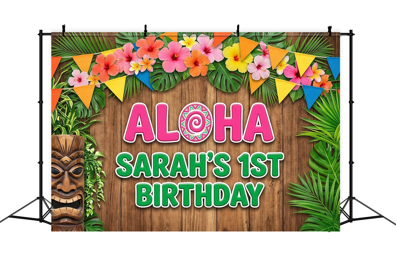 Aloha Backdrop Tiki Floral Pennant Wood Customized Aloha One Backdrop RR64-47