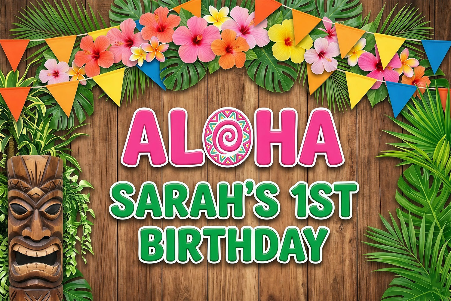Aloha Backdrop Tiki Floral Pennant Wood Customized Aloha One Backdrop RR64-47