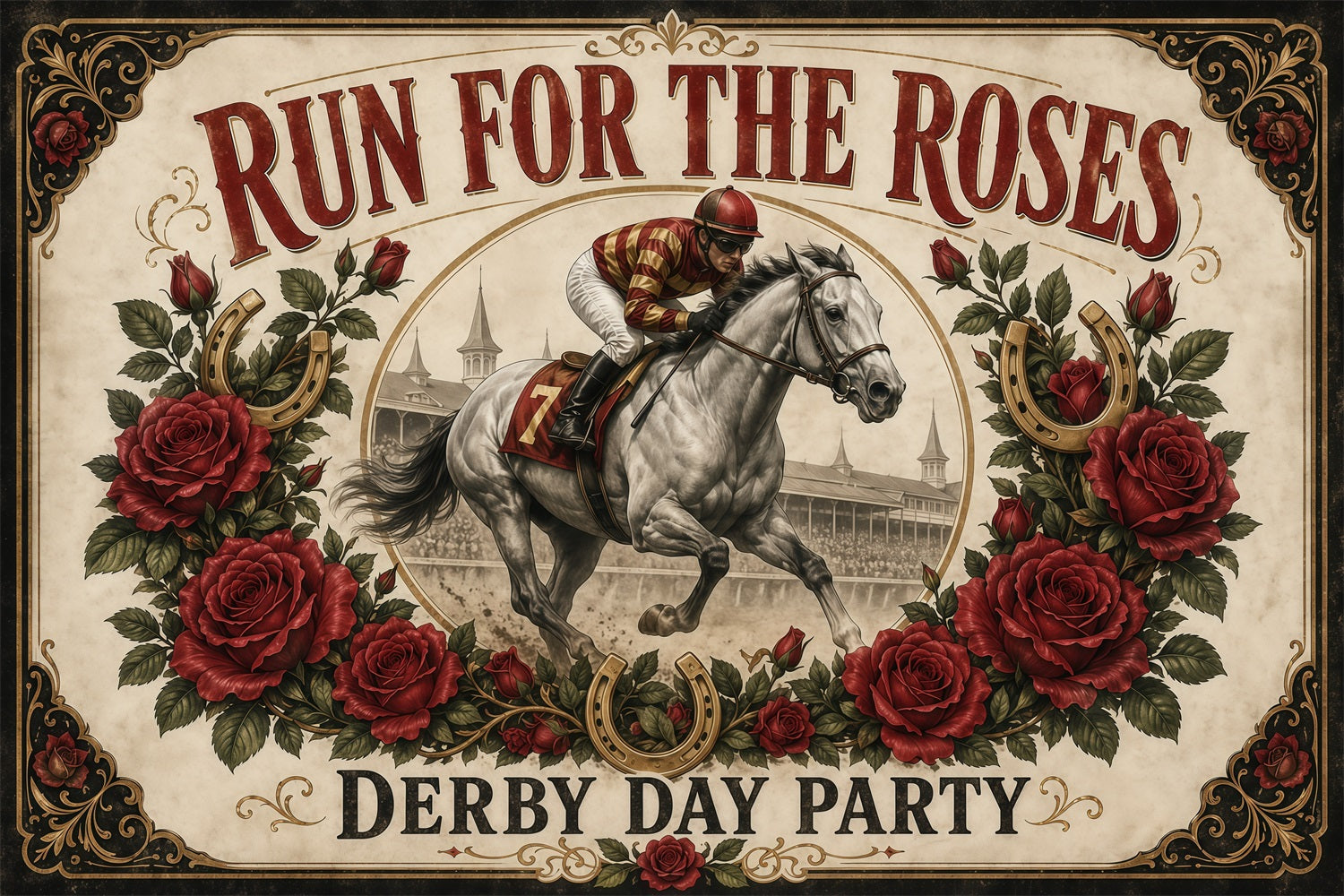 Kentucky Derby Backdrop Vintage Racing Horse Rose Horseshoe Kentucky Derby Backdrops RR64-50