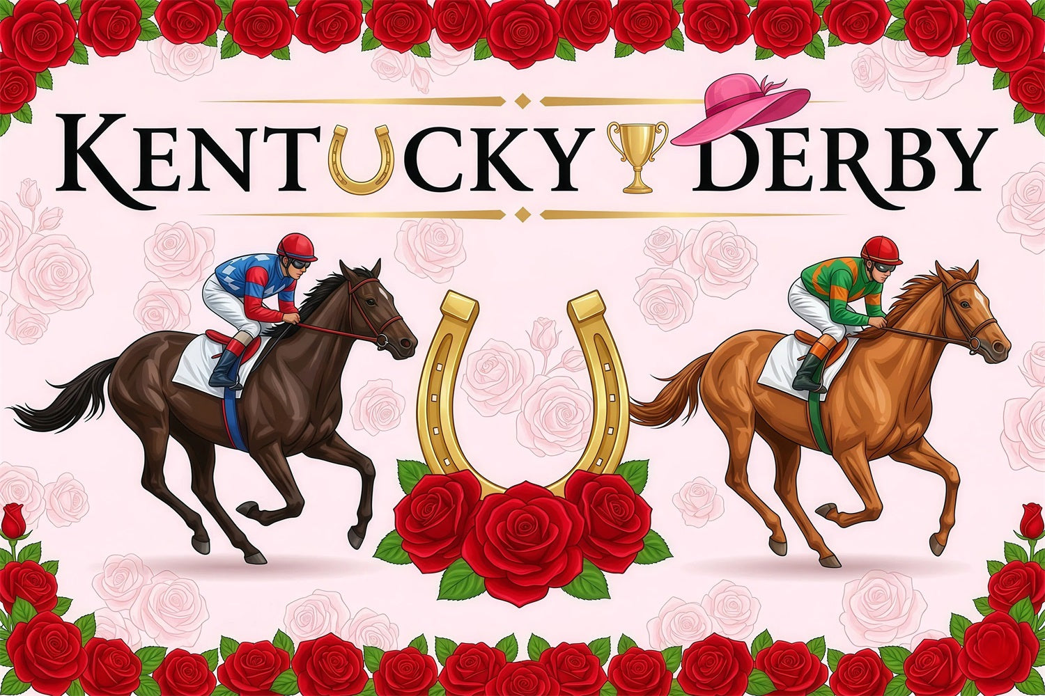 Kentucky Derby Backdrop Pink Jockey Rose Horseshoe Banner Kentucky Derby Backdrops RR64-51