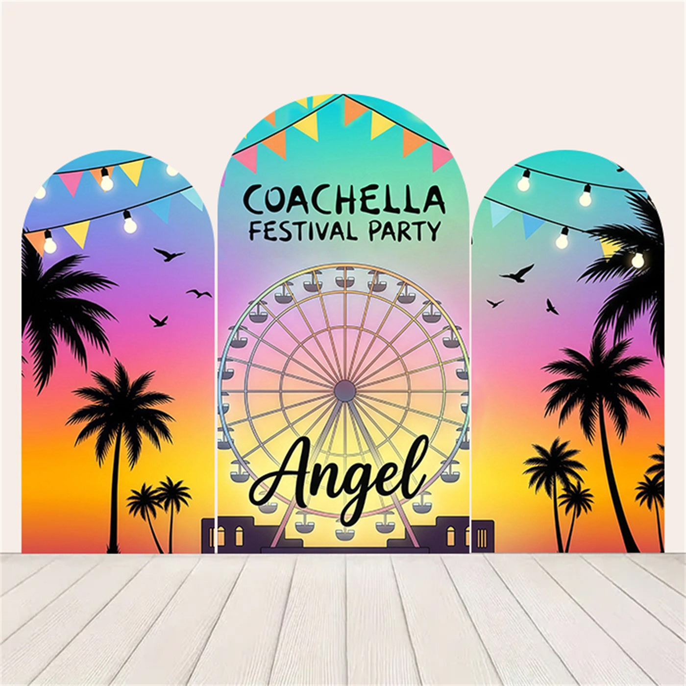 Coachella Backdrop Rainbow Sunset Ferris Wheel Palms Party Backdrops RR64-53
