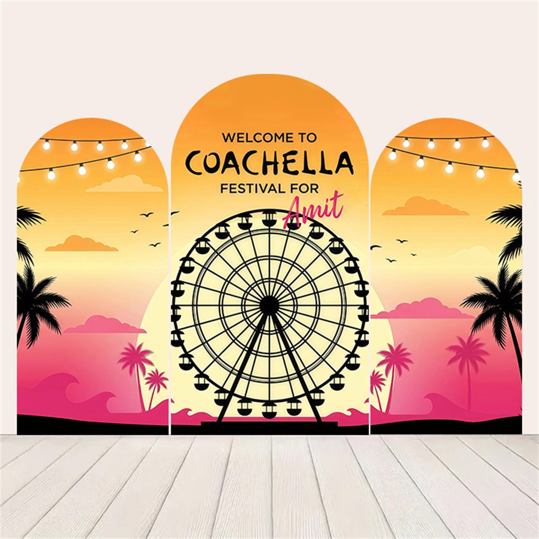 Coachella Backdrop Golden Ombre Ferris Wheel Palms Party Backdrop RR64-54