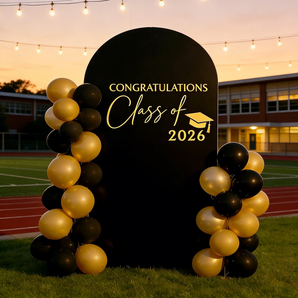 College Graduation Arch Backdrop Black Gold Class of 2026 University G