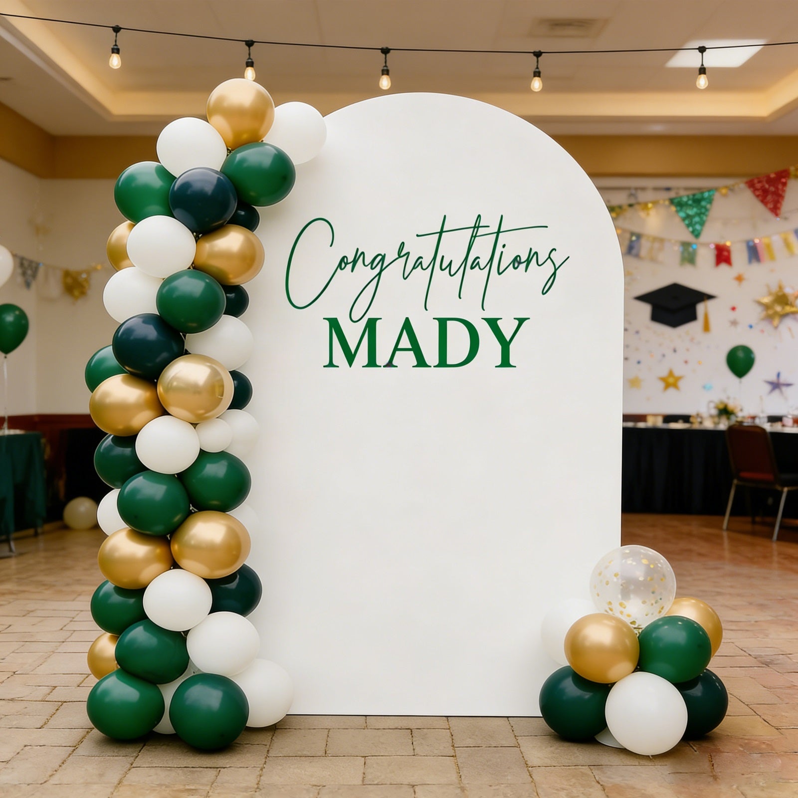 High School Graduation Arch Backdrop White Green Modern Script Senior Arch Backdrop RR64-7