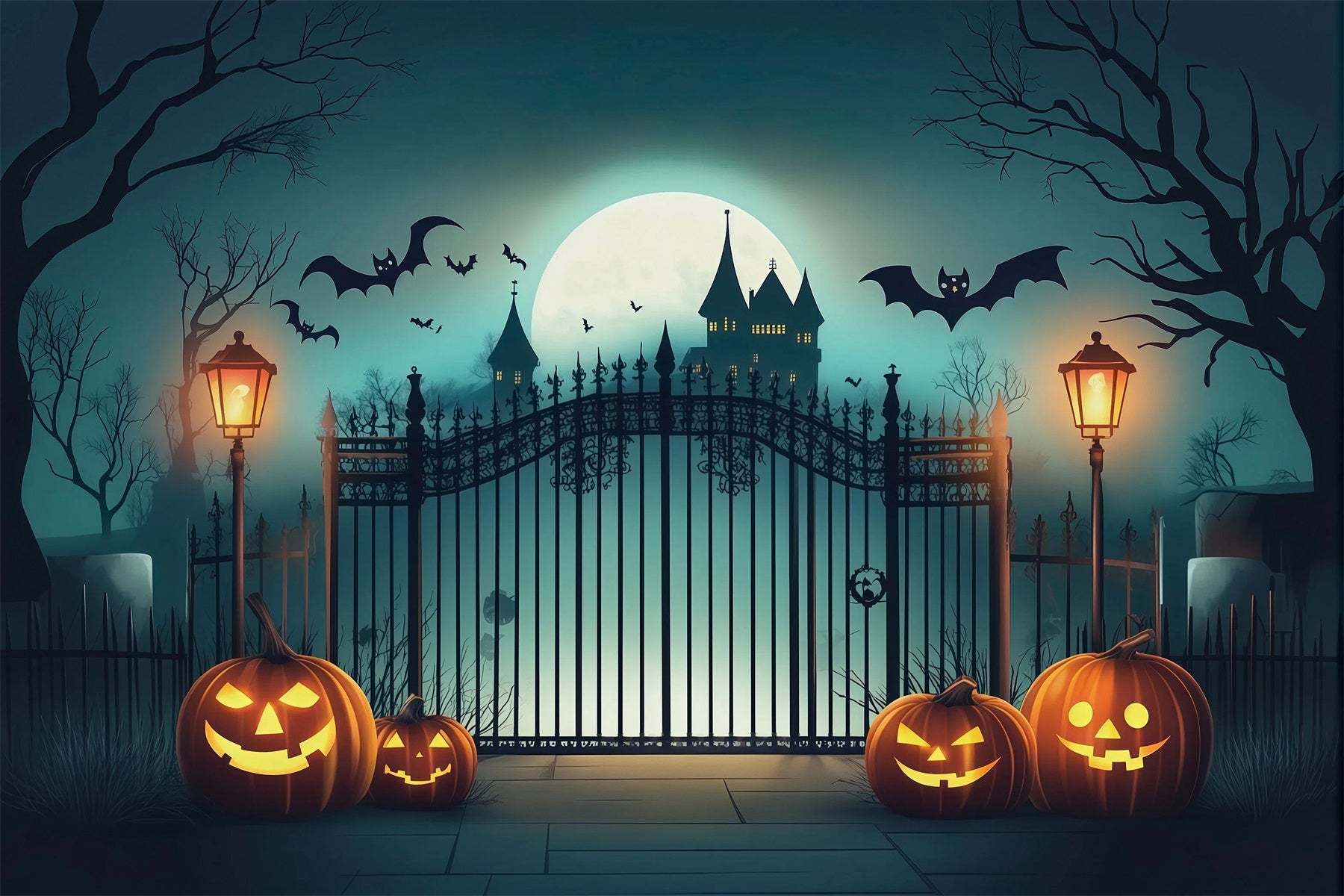 Halloween Backdrop Photo Haunted Castle Gate Pumpkins Halloween Party Backdrop RR67-10