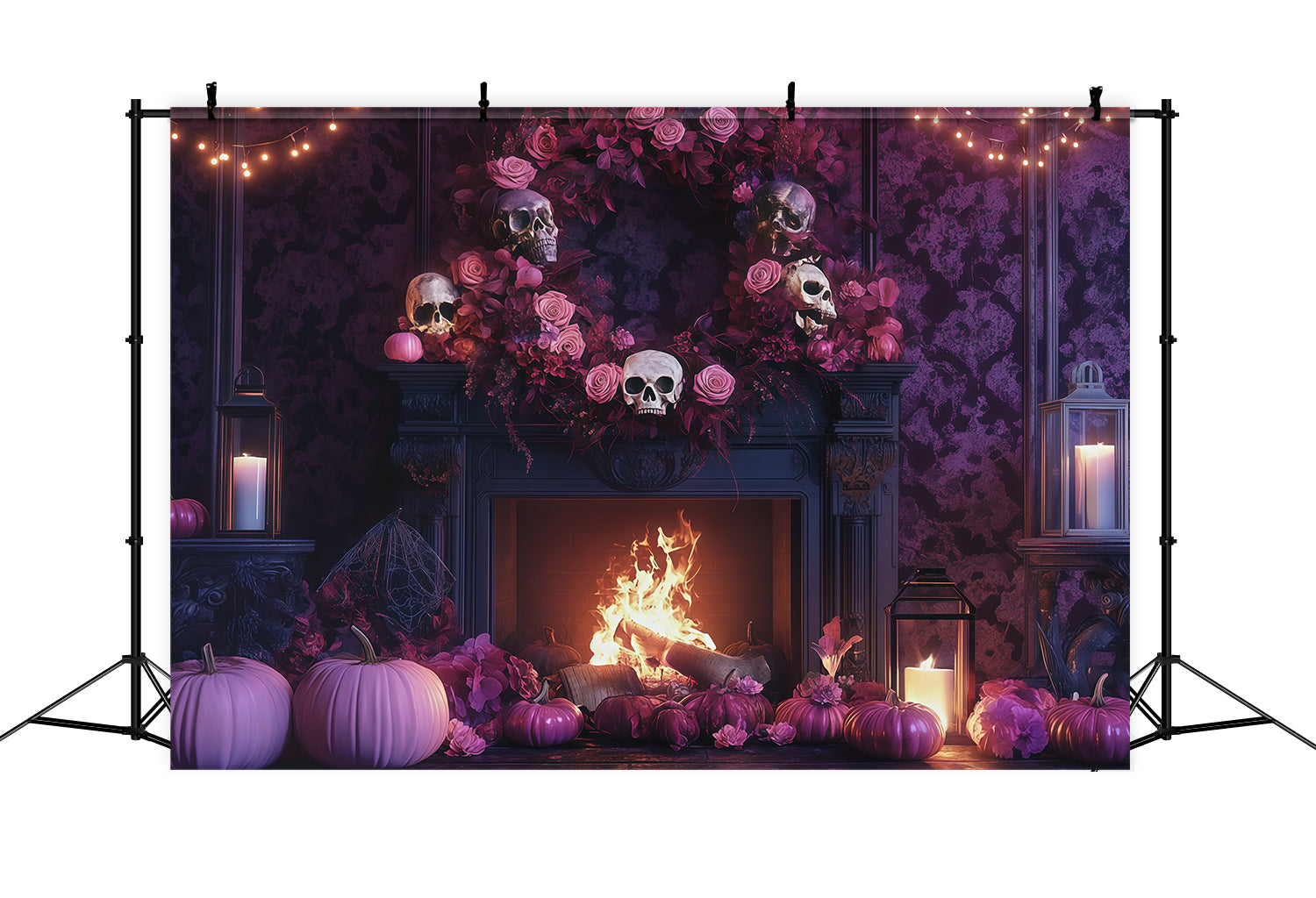 Halloween Theme Backdrop Skull Rose Fireplace Mantel Halloween Backdrop For Photos RR67-104