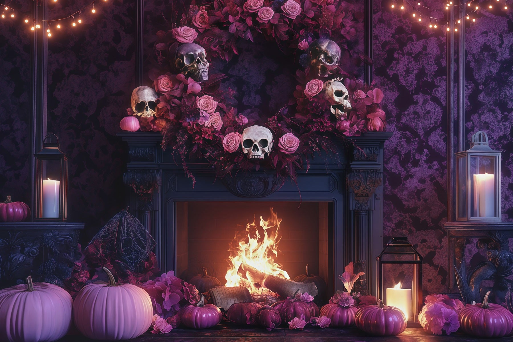 Halloween Theme Backdrop Skull Rose Fireplace Mantel Halloween Backdrop For Photos RR67-104