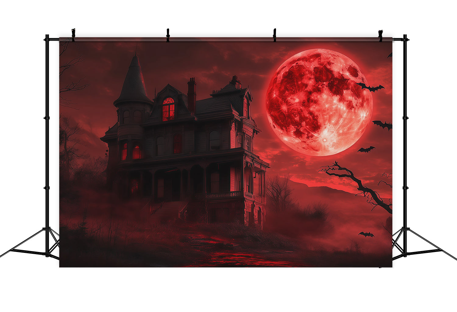 Halloween Moon Backdrop Blood Sky Haunted Mansion Halloween Photo Backdrops RR67-108