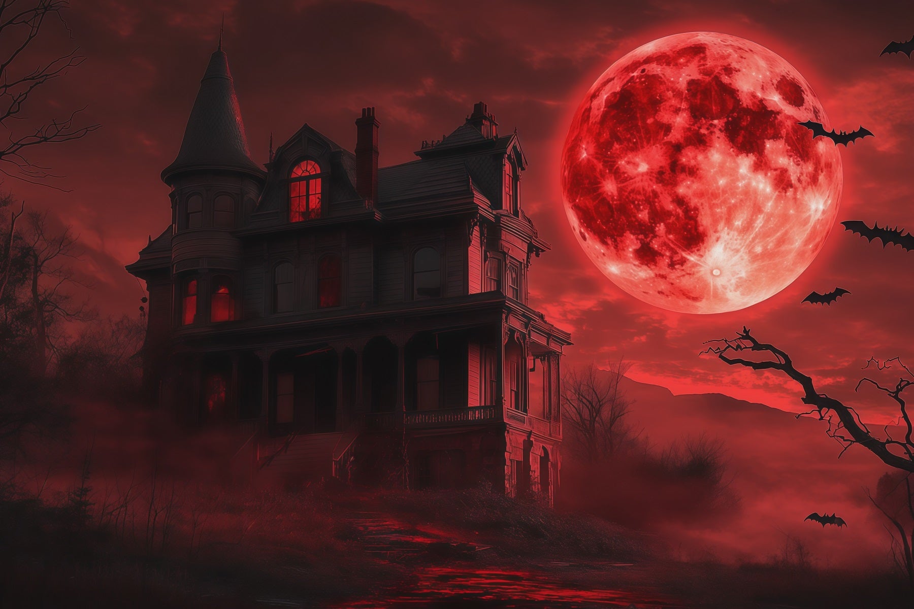 Halloween Moon Backdrop Blood Sky Haunted Mansion Halloween Photo Backdrops RR67-108