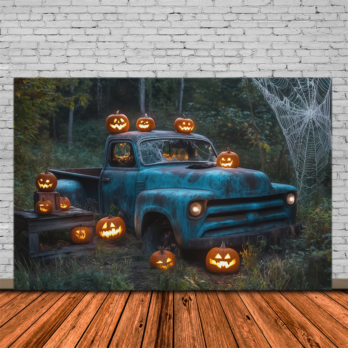 Outdoor Halloween Backdrop Vintage Truck Pumpkin Web Spooky Halloween Backdrop RR67-109