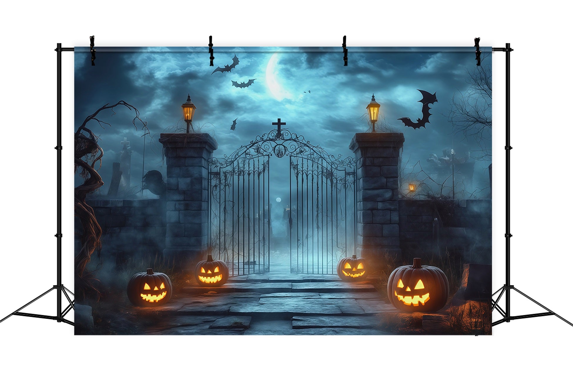 Halloween Outdoor Backdrop Foggy Cemetery Gate Pumpkins Halloween Backdrops For Photos RR67-11