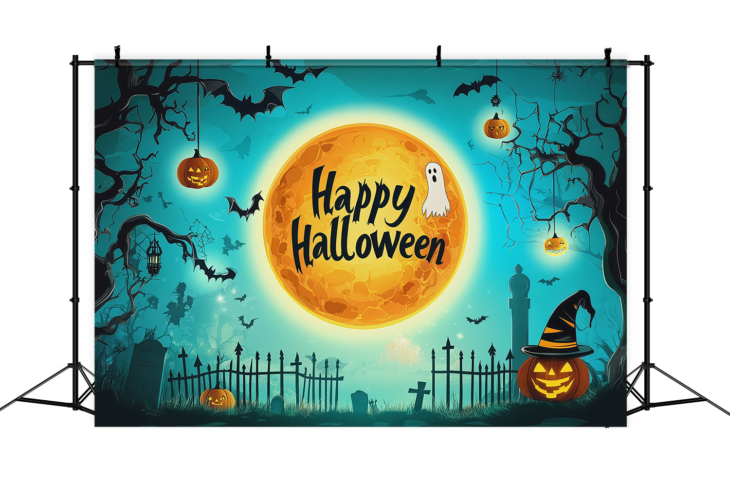 Halloween Backdrop Photo Teal Moon Cemetery Silhouette Halloween Party Backdrop RR67-110