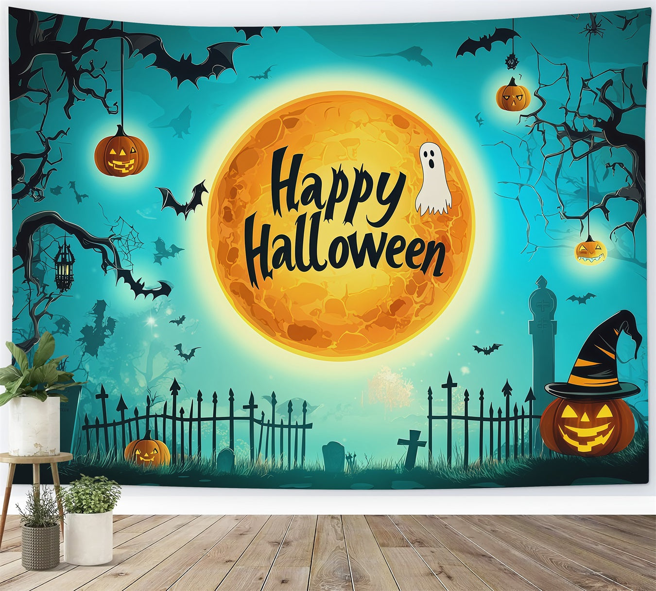 Halloween Backdrop Photo Teal Moon Cemetery Silhouette Halloween Party Backdrop RR67-110