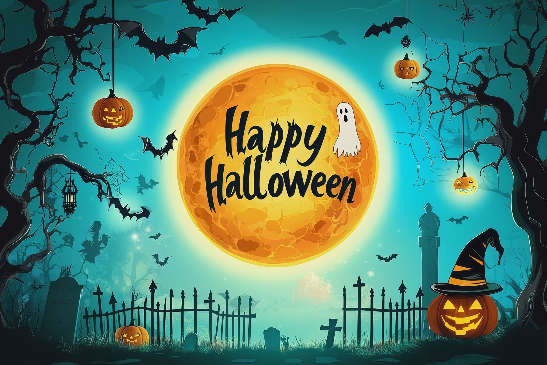 Halloween Backdrop Photo Teal Moon Cemetery Silhouette Halloween Party Backdrop RR67-110