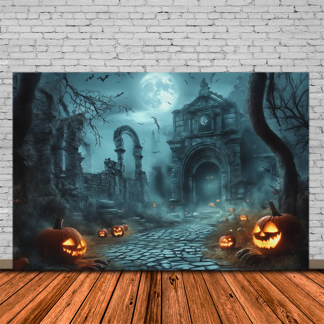 Halloween Outdoor Backdrop Moonlit Ruins Pumpkin Path Halloween Backdrops For Photos RR67-111
