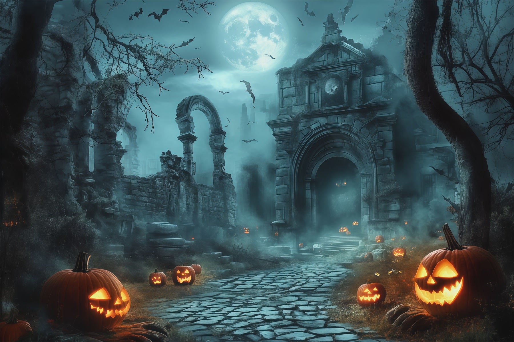 Halloween Outdoor Backdrop Moonlit Ruins Pumpkin Path Halloween Backdrops For Photos RR67-111