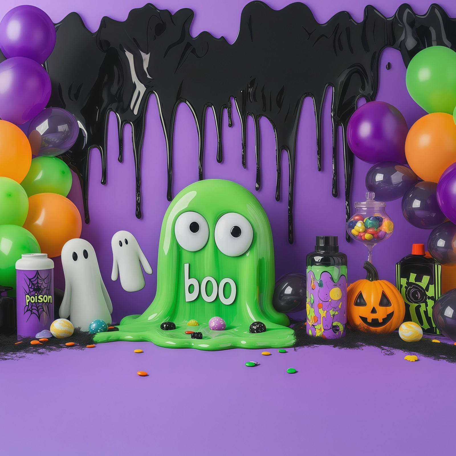 Cute Halloween Photo Backdrop Green Slime Ghost Party Backdrop Halloween RR67-113