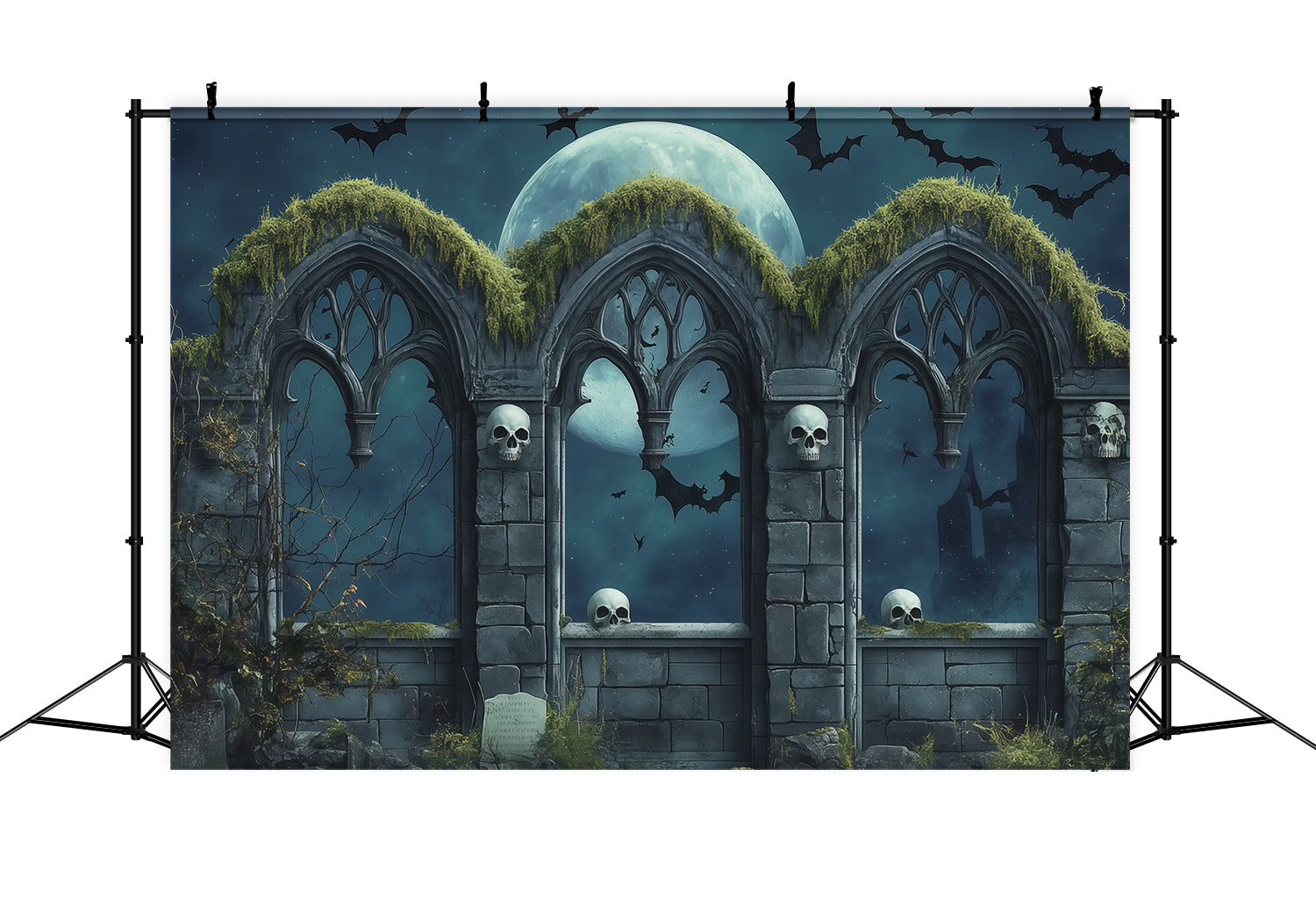 Custom Halloween Backdrop Gothic Skull Moon Arches Halloween Graveyard Backdrop RR67-114