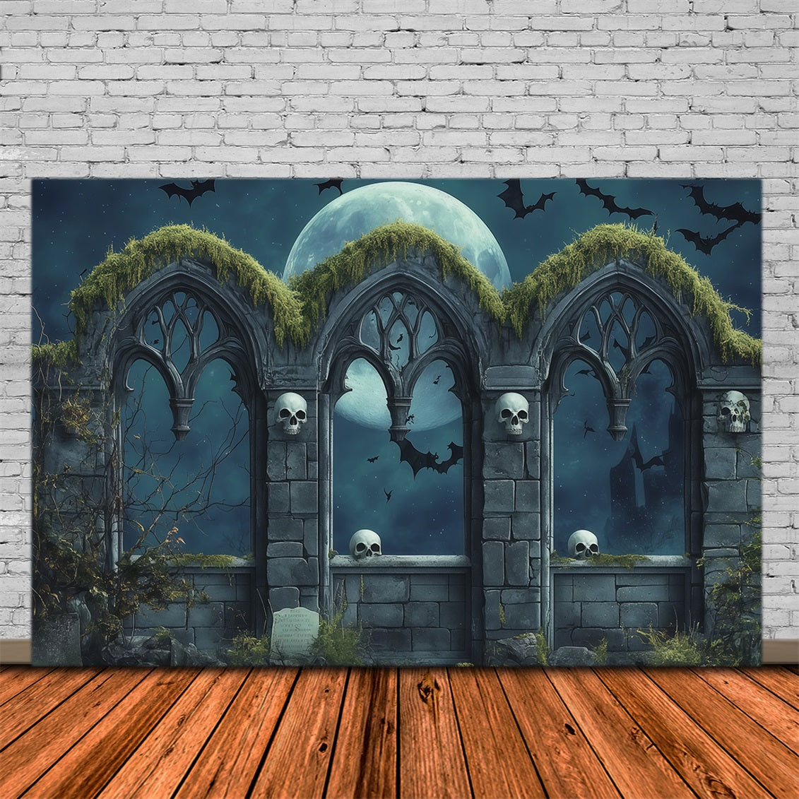 Custom Halloween Backdrop Gothic Skull Moon Arches Halloween Graveyard Backdrop RR67-114