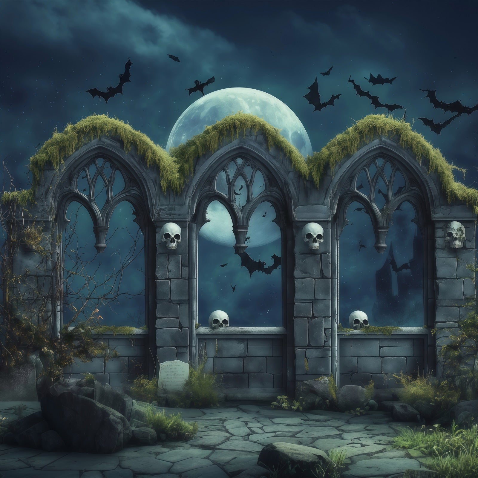Custom Halloween Backdrop Gothic Skull Moon Arches Halloween Graveyard Backdrop RR67-114