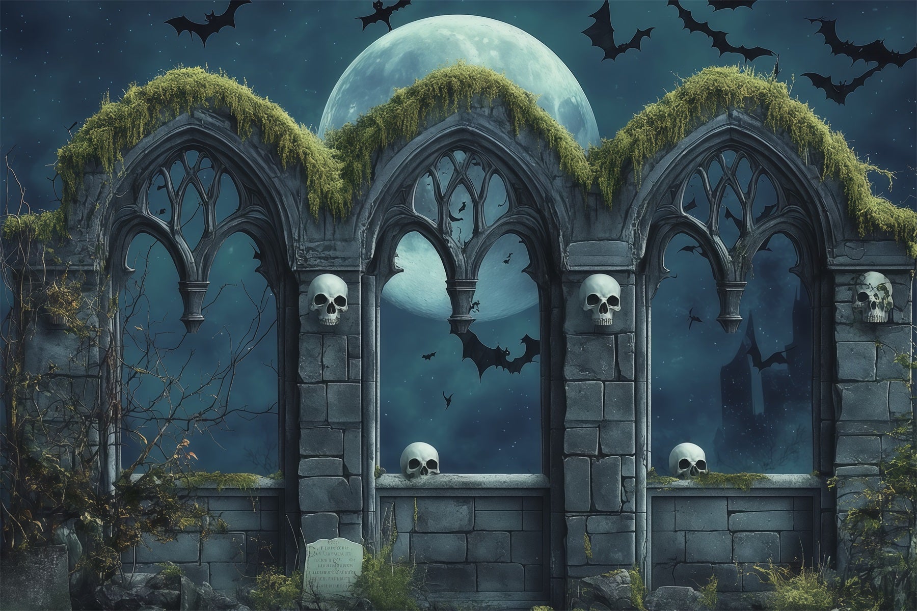 Custom Halloween Backdrop Gothic Skull Moon Arches Halloween Graveyard Backdrop RR67-114