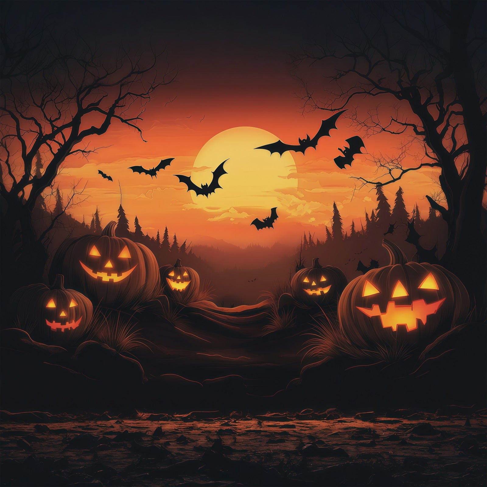 Photo Booth Halloween Backdrop Ideas Sunset Pumpkin Bat Forest Halloween Picture Backdrop RR67-115