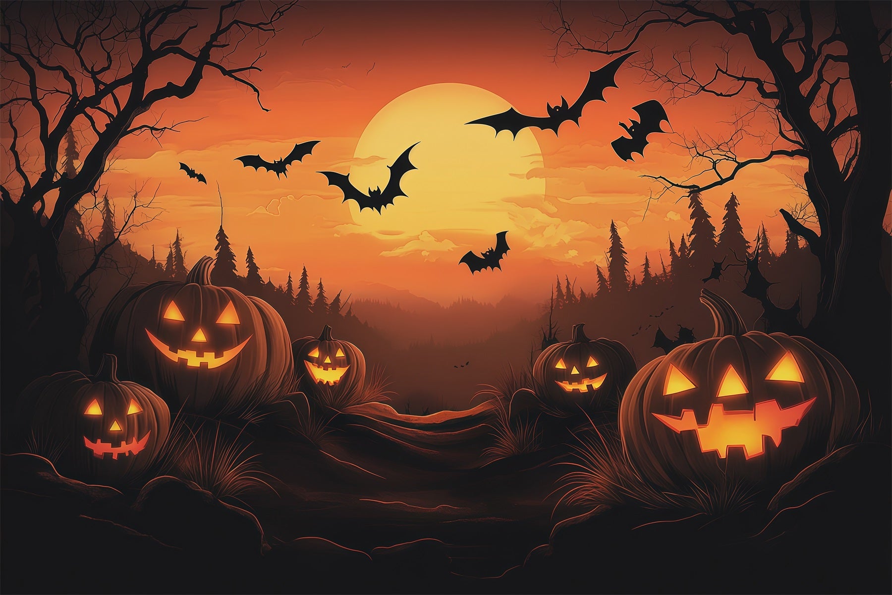 Photo Booth Halloween Backdrop Ideas Sunset Pumpkin Bat Forest Halloween Picture Backdrop RR67-115