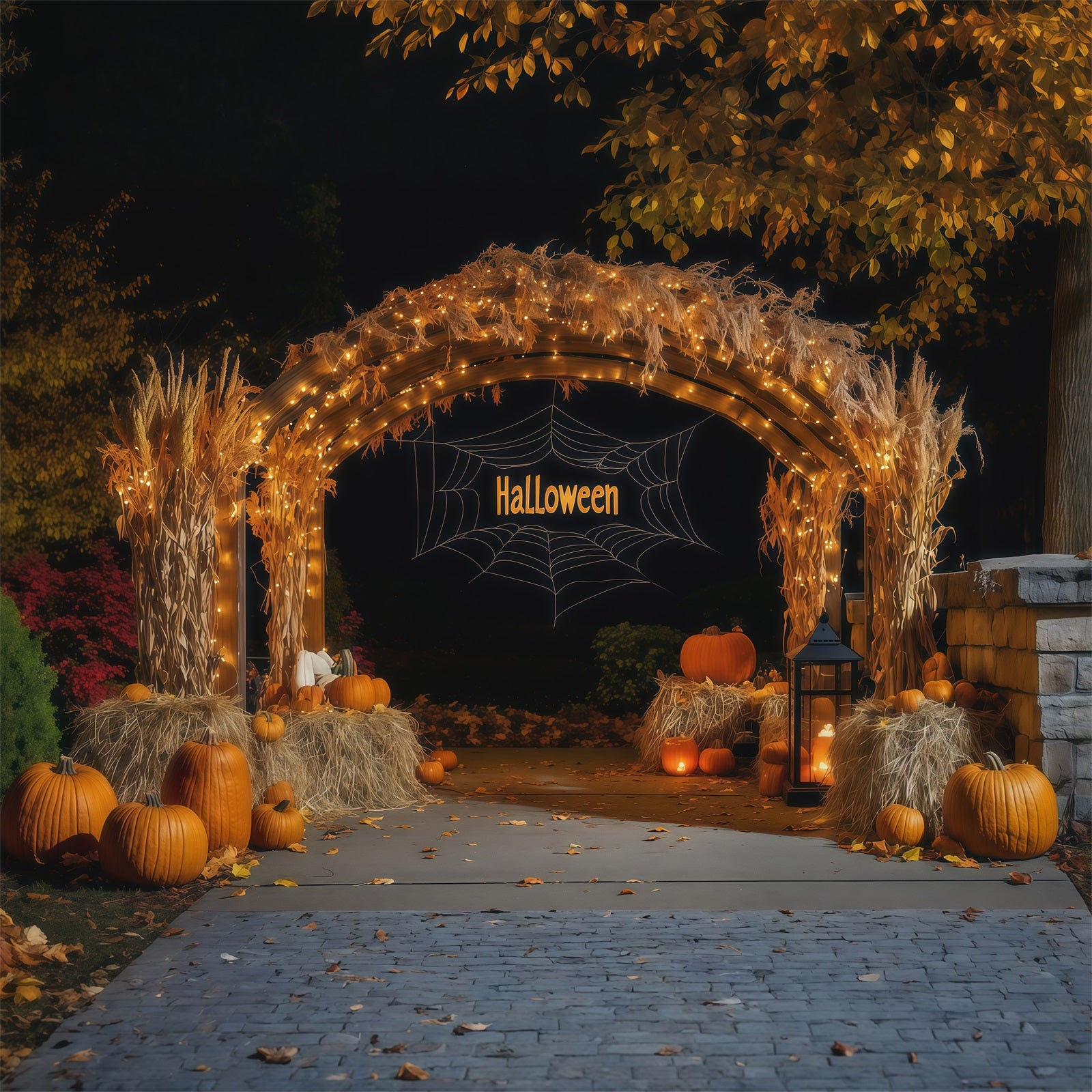 Fall Halloween Backdrop Harvest Hay Pumpkin Arch Scary Halloween Backdrops RR67-117