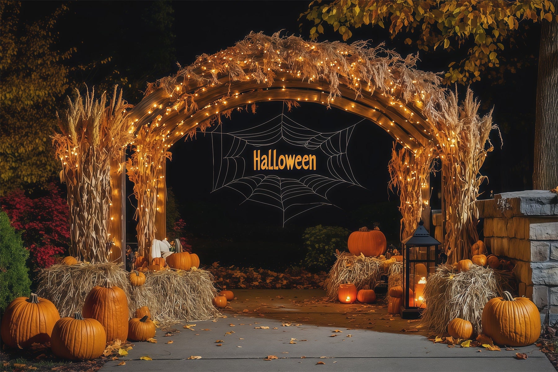 Fall Halloween Backdrop Harvest Hay Pumpkin Arch Scary Halloween Backdrops RR67-117