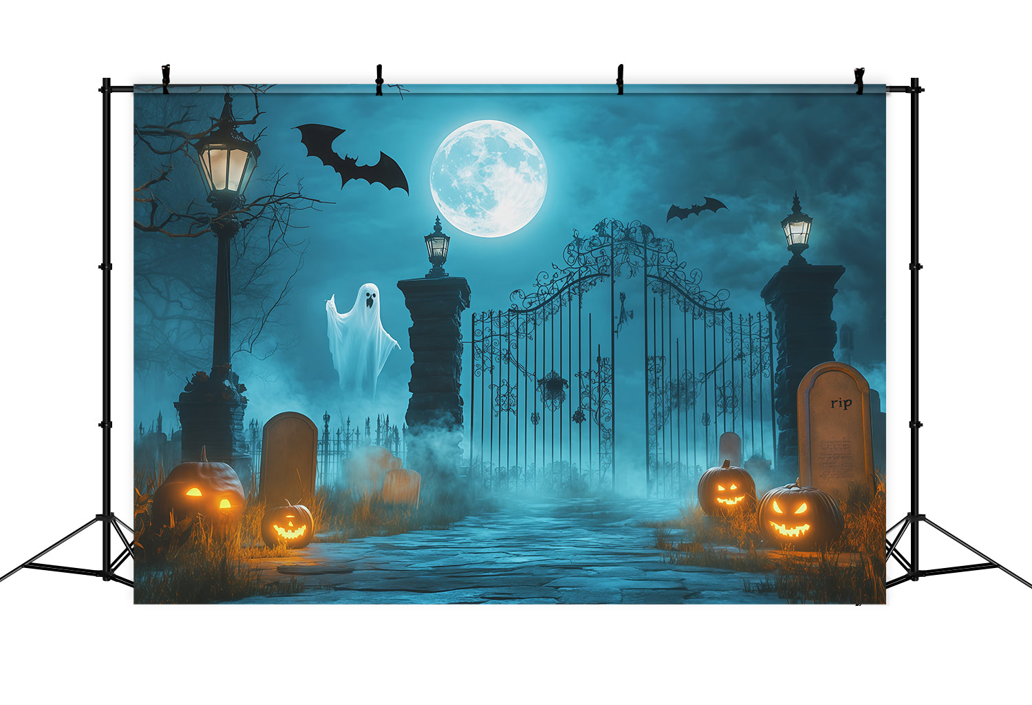 Halloween Ghost Backdrop Moonlit Ghost Cemetery Gate Scary Halloween Backdrop RR67-118
