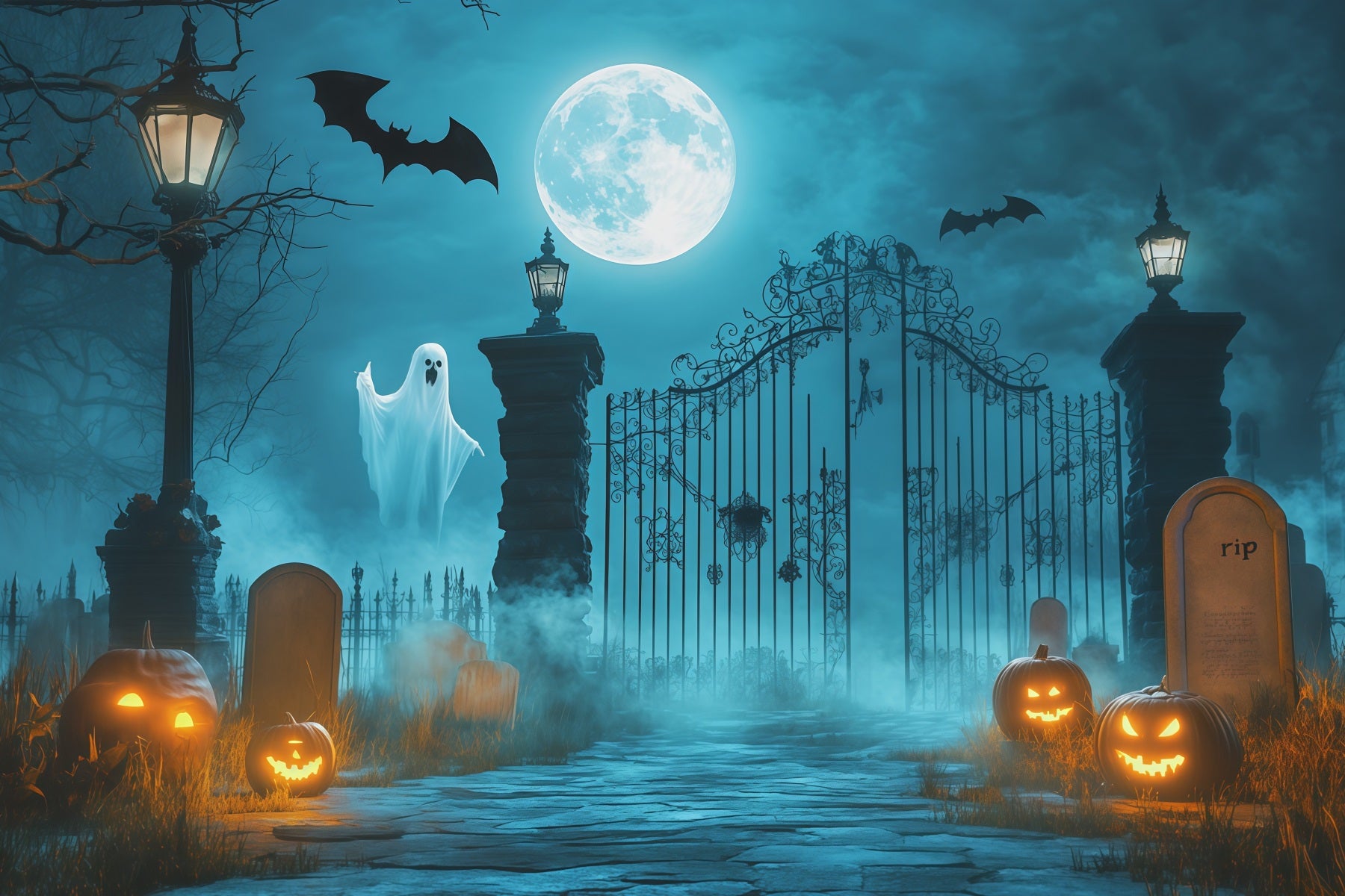 Halloween Ghost Backdrop Moonlit Ghost Cemetery Gate Scary Halloween Backdrop RR67-118