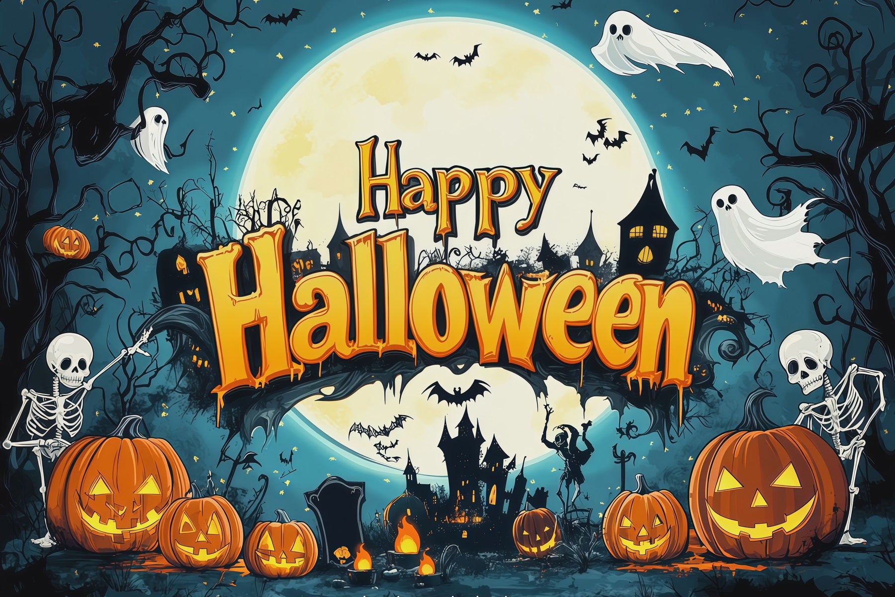 Backdrop Halloween Photo Booth Skeleton Pumpkin Moon Party Halloween Party Photo Backdrop RR67-120