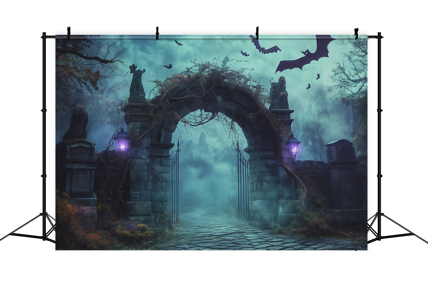 Halloween Backdrop Outdoor Foggy Cemetery Stone Arch Photo Backdrop Halloween RR67-121
