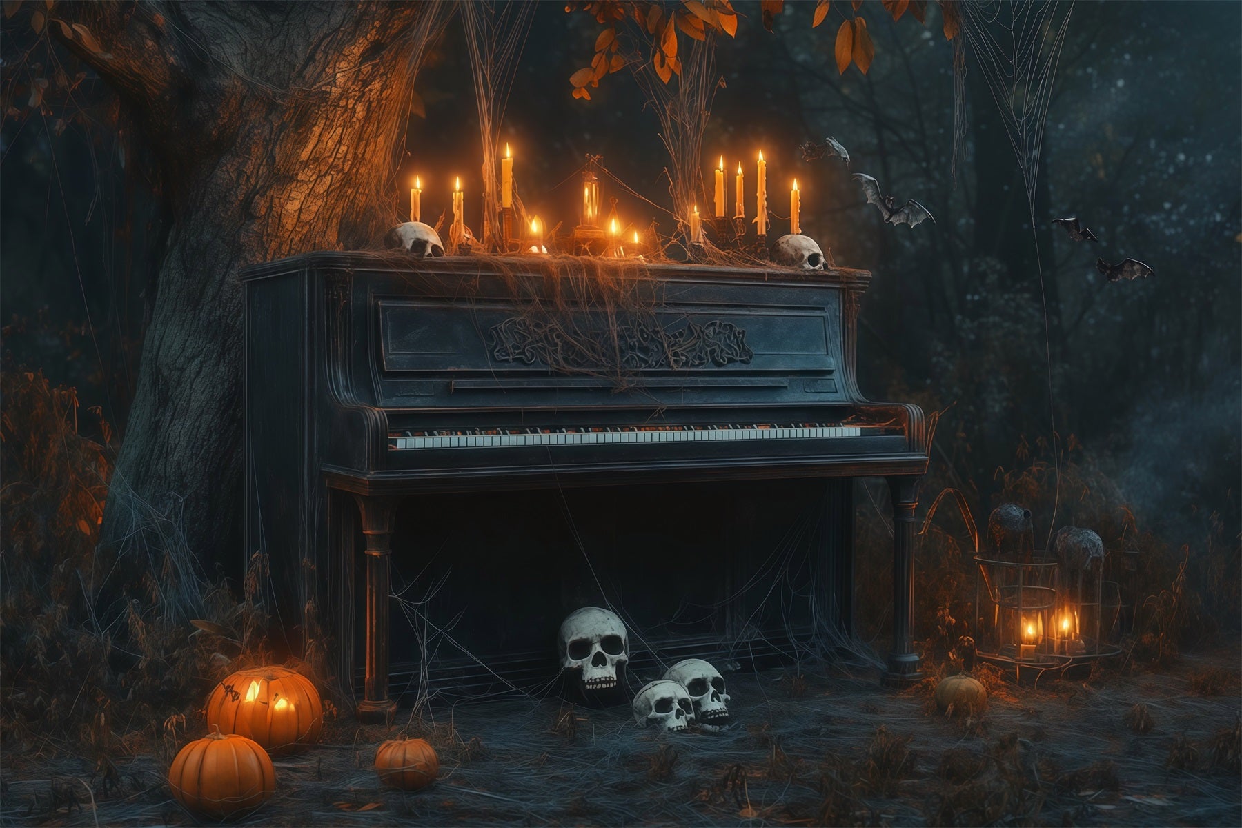 Halloween Graveyard Backdrops Candlelit Piano Skull Forest Photo Booth Halloween Backdrop RR67-122