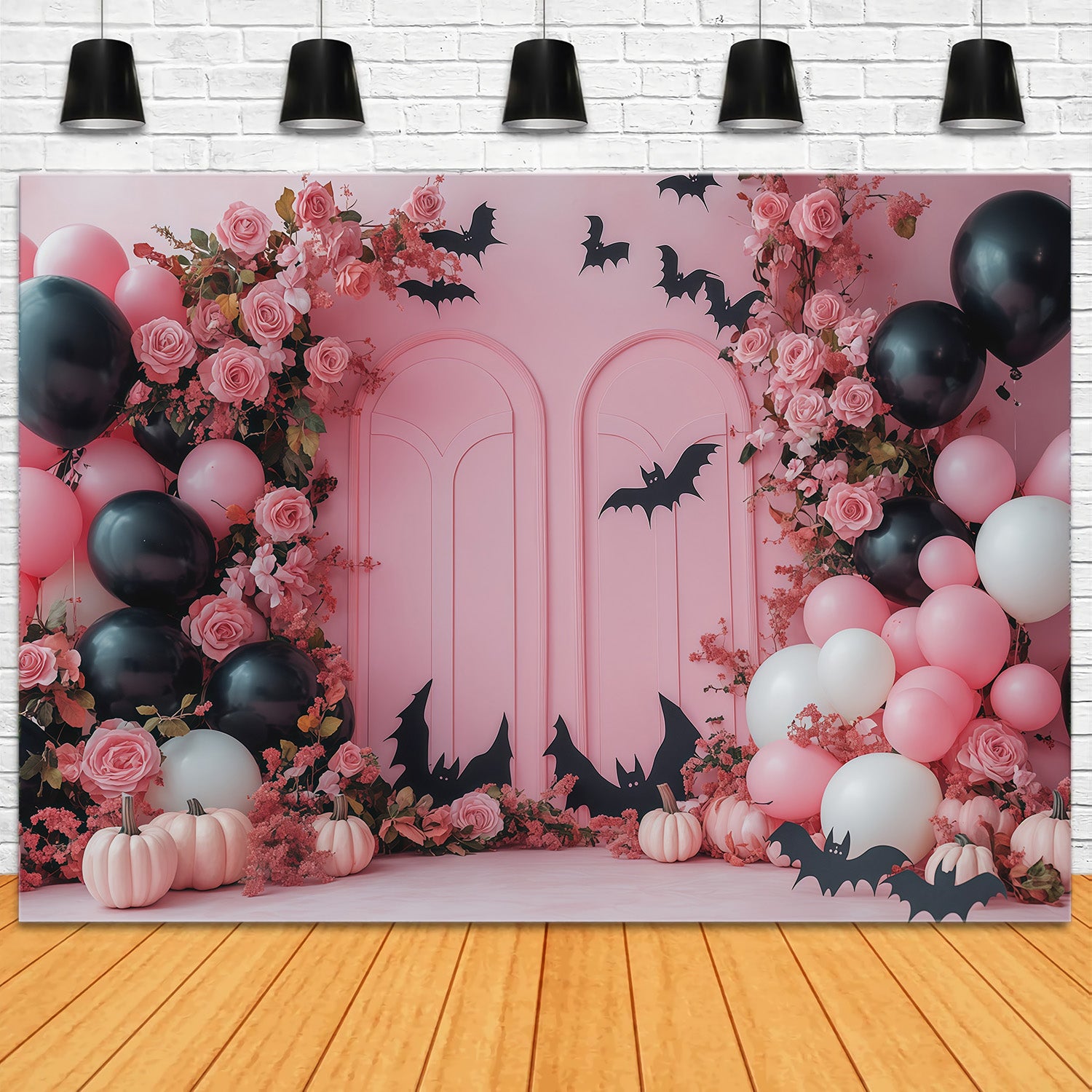 Halloween Backdrop For Photo Booth Pink Rose Bat Balloons Cute Halloween Backdrop RR67-123