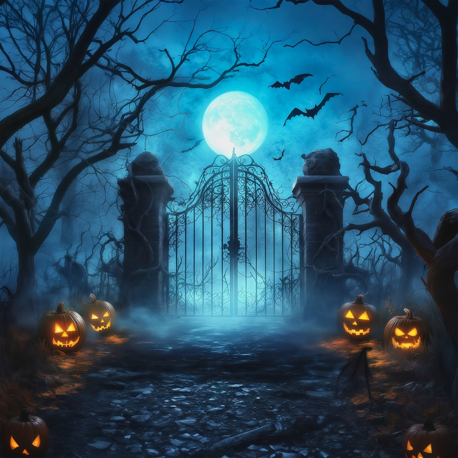 Halloween Spooky Backdrop Moonlit Fog Cemetery Gate Spooky Halloween Backdrops RR67-124