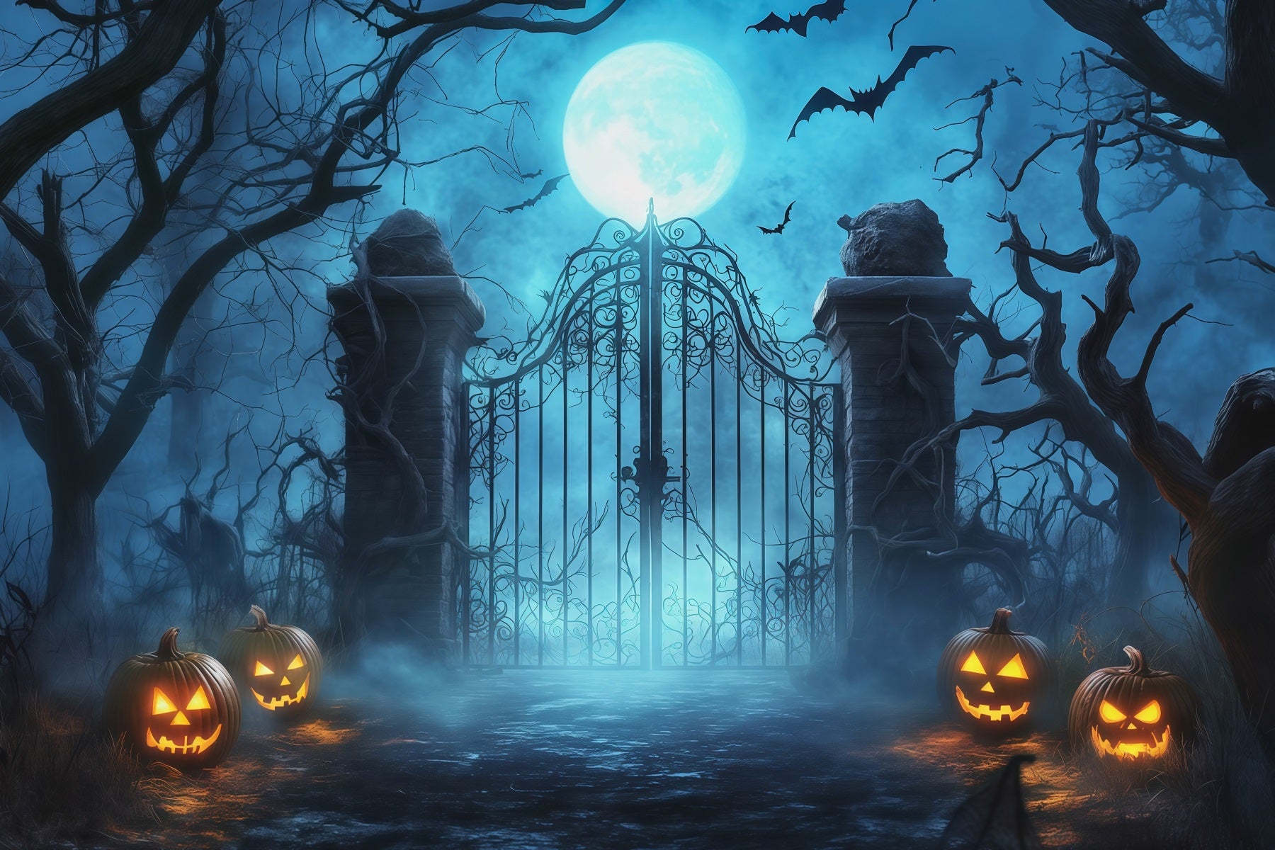Halloween Spooky Backdrop Moonlit Fog Cemetery Gate Spooky Halloween Backdrops RR67-124