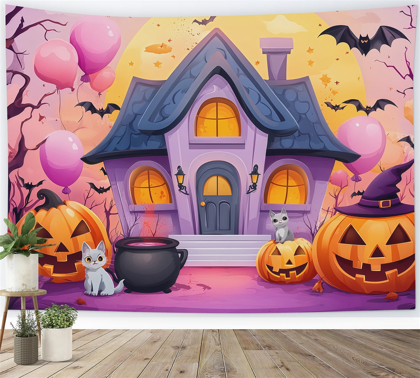 Cute Halloween Photo Backdrop Pastel Haunted House Pumpkins Backdrop Halloween RR67-13