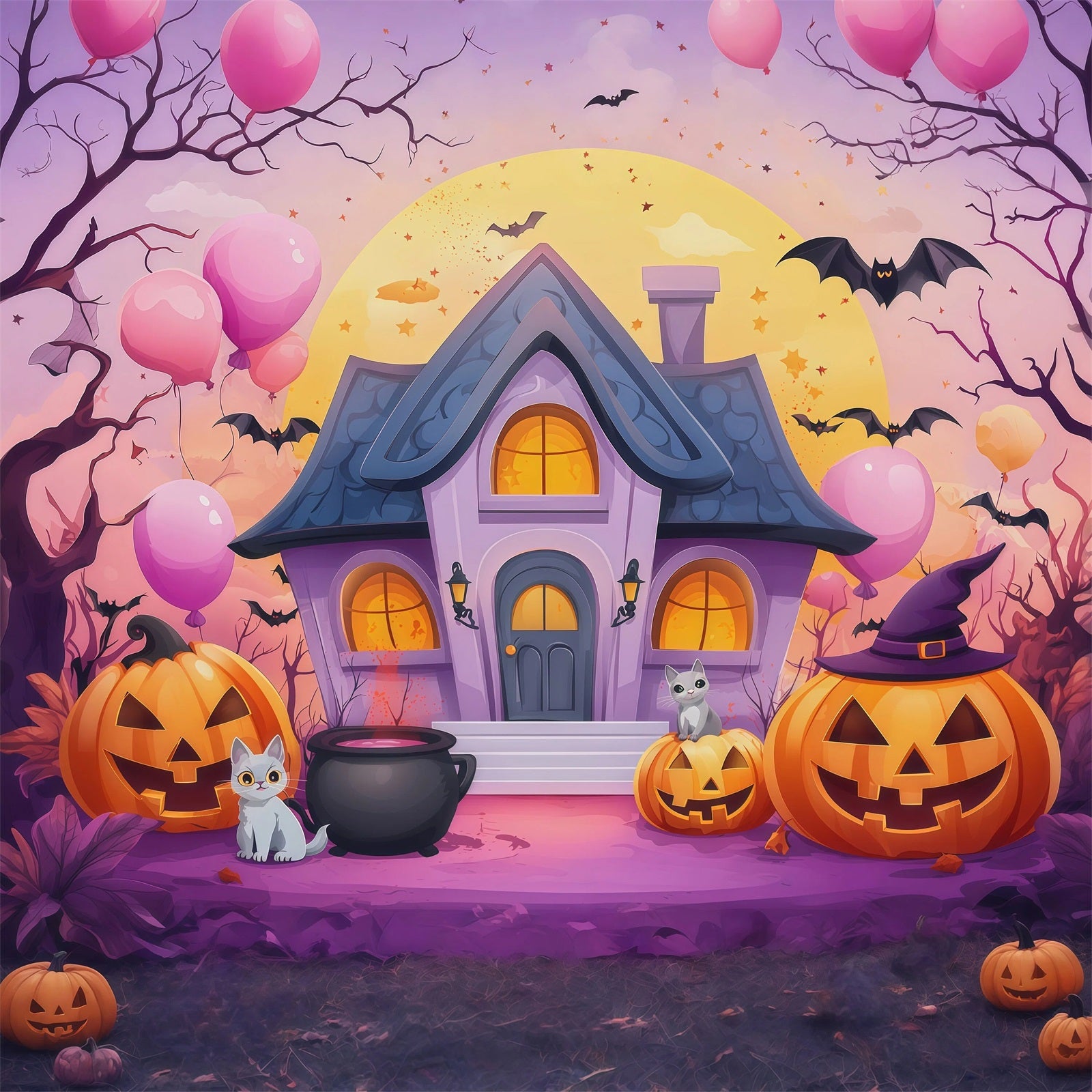 Cute Halloween Photo Backdrop Pastel Haunted House Pumpkins Backdrop Halloween RR67-13