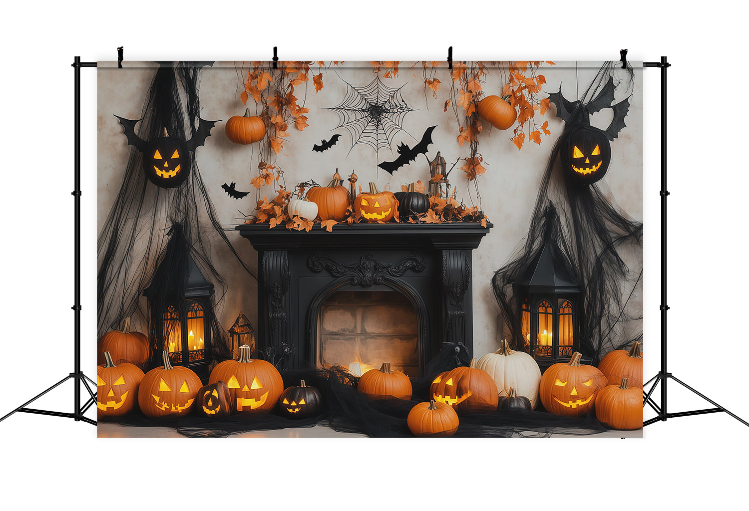 Halloween Backdrop Photo Booth Pumpkin Bat Fireplace Display Backdrops Halloween RR67-133