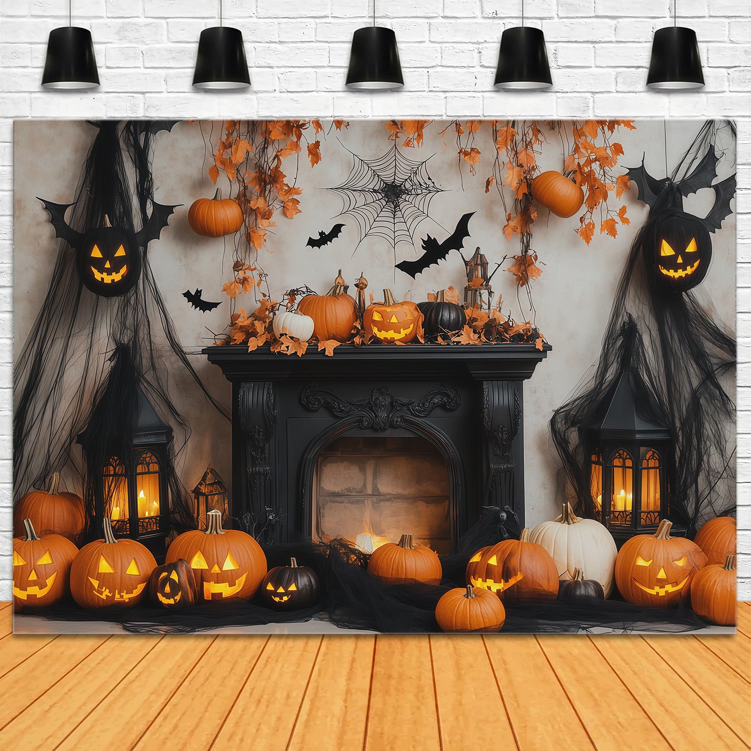 Halloween Backdrop Photo Booth Pumpkin Bat Fireplace Display Backdrops Halloween RR67-133