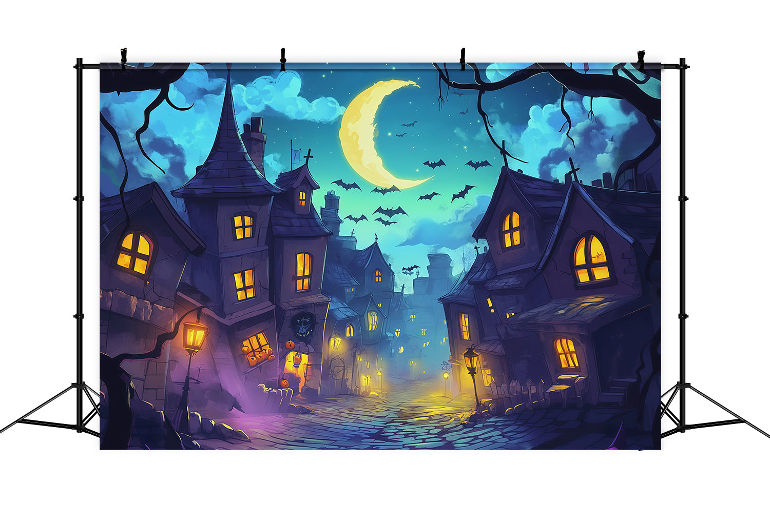 Photography Backdrops Halloween Moonlit Crooked Village Street Halloween Town Backdrop RR67-136