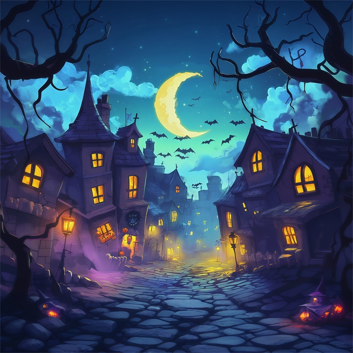 Photography Backdrops Halloween Moonlit Crooked Village Street Halloween Town Backdrop RR67-136